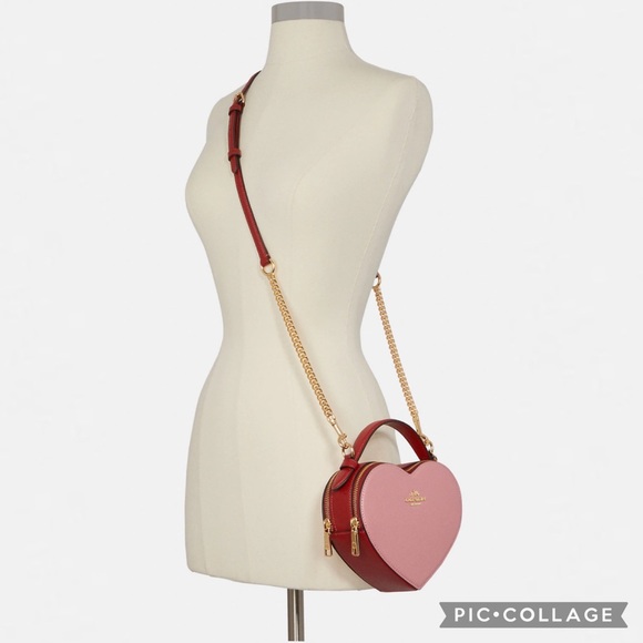 NWT COACH HEART CROSSBODY IN COLORBLOCK  LEATHER TOP HANDLE GOLD/TRUE PINK - Picture 5 of 14